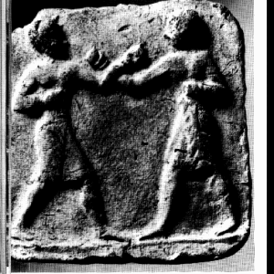 Rilievo in terracotta di due pugili della Mesopotamia