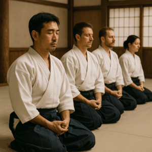 Praticanti di Aikidō in meditazione Mokuso seduti in seiza nel dojo