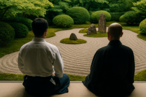 Maestro di arti marziali e monaco Zen osservano un giardino giapponese tradizionale