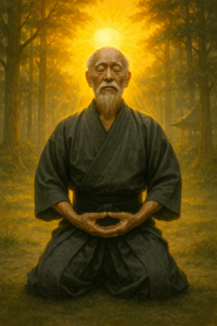 Maestro anziano in meditazione Zazen tra la luce dorata del tramonto in una foresta giapponese