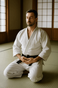 Judoka in meditazione respiratoria seduto in seiza su tatami in un dojo tradizionale