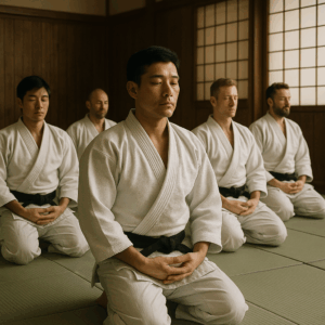 Judoka in meditazione Mokuso seduti in seiza in un dojo tradizionale giapponese