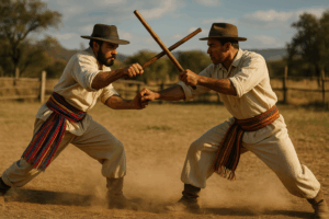 Due praticanti venezuelani eseguono tecniche del Juego del Garrote in un campo aperto