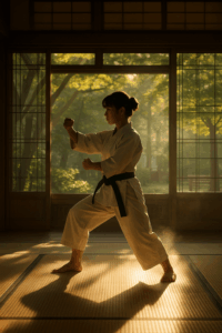 Karateka esegue un kata in un dojo tradizionale giapponese, immersa nella luce naturale del mattino