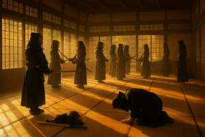 Praticanti di Kendo si allenano in un dōjō tradizionale giapponese al tramonto, tra concentrazione e armonia