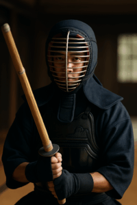 Scatto ravvicinato di un kendoka con shinai in posizione di guardia e sguardo calmo e concentrato