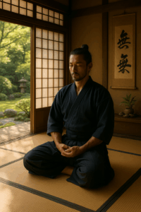 Praticante di Kendo in zazen, seduto in meditazione davanti a un tokonoma e a un giardino tradizionale giapponese