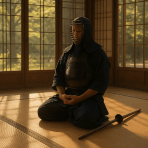 Praticante di Kendo in meditazione zazen in un dōjō tradizionale giapponese​