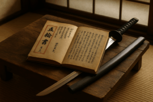 Il Libro dei Cinque Anelli aperto su un tavolo in legno con una katana accanto, illuminato da luce naturale