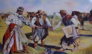 Dipinto storico di gauchos argentini che praticano la scherma criolla con facón e poncho
