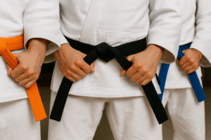 Dettaglio di mani che stringono cinture di karate, judo e taekwondo di diversi colori