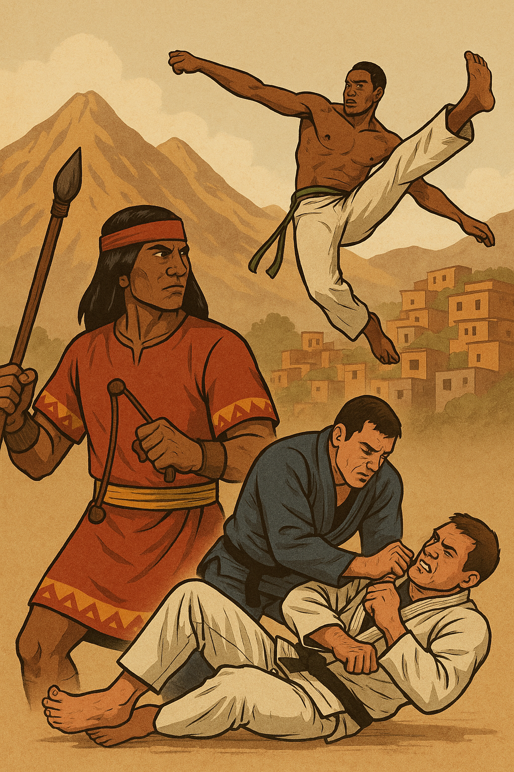 Illustrazione di un guerriero indigeno, un capoeirista e due lottatori di jiu-jitsu in un paesaggio sudamericano